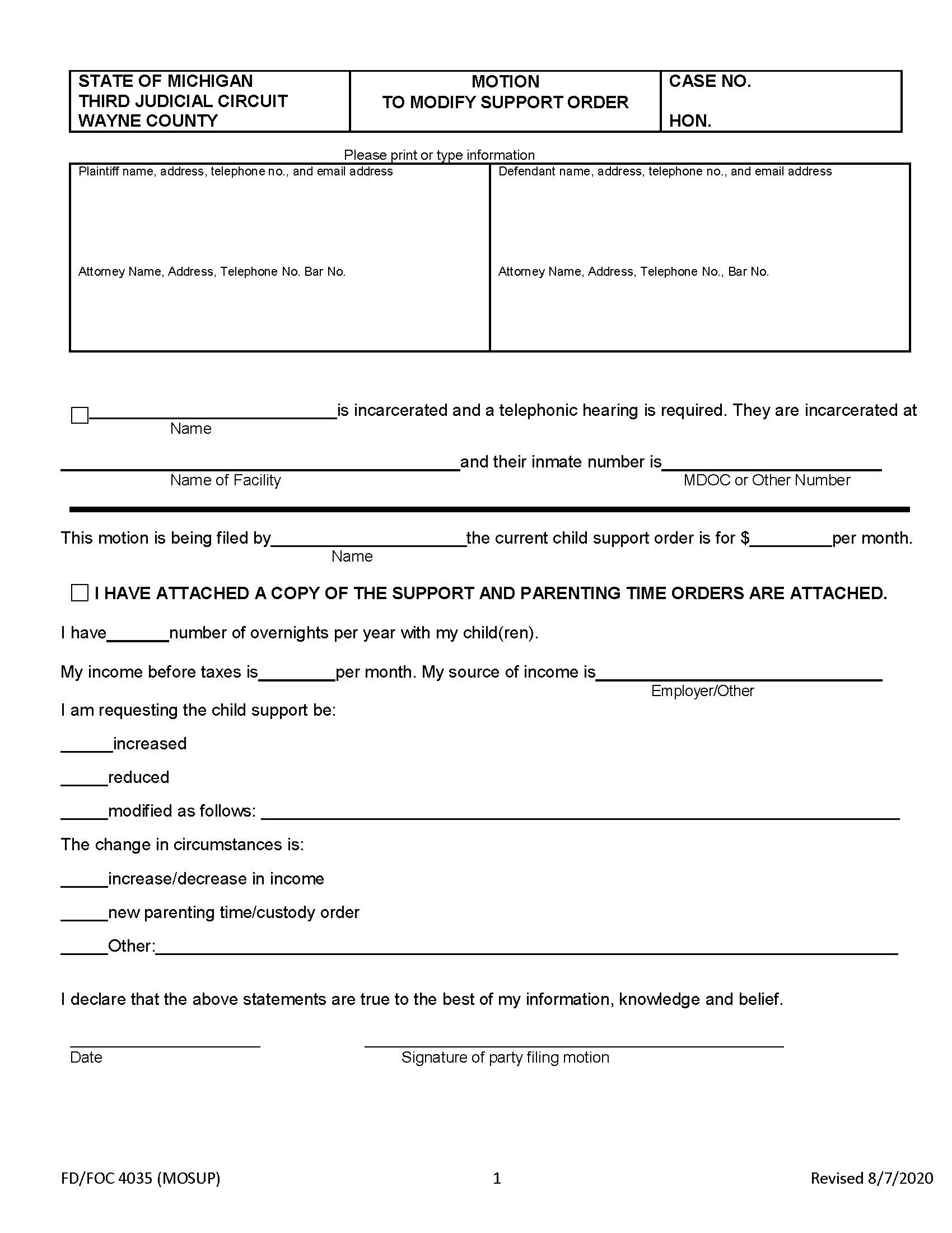 Motion To Change Child Support Packet {FD-FOC4035} | Pdf Fpdf Docx | Michigan