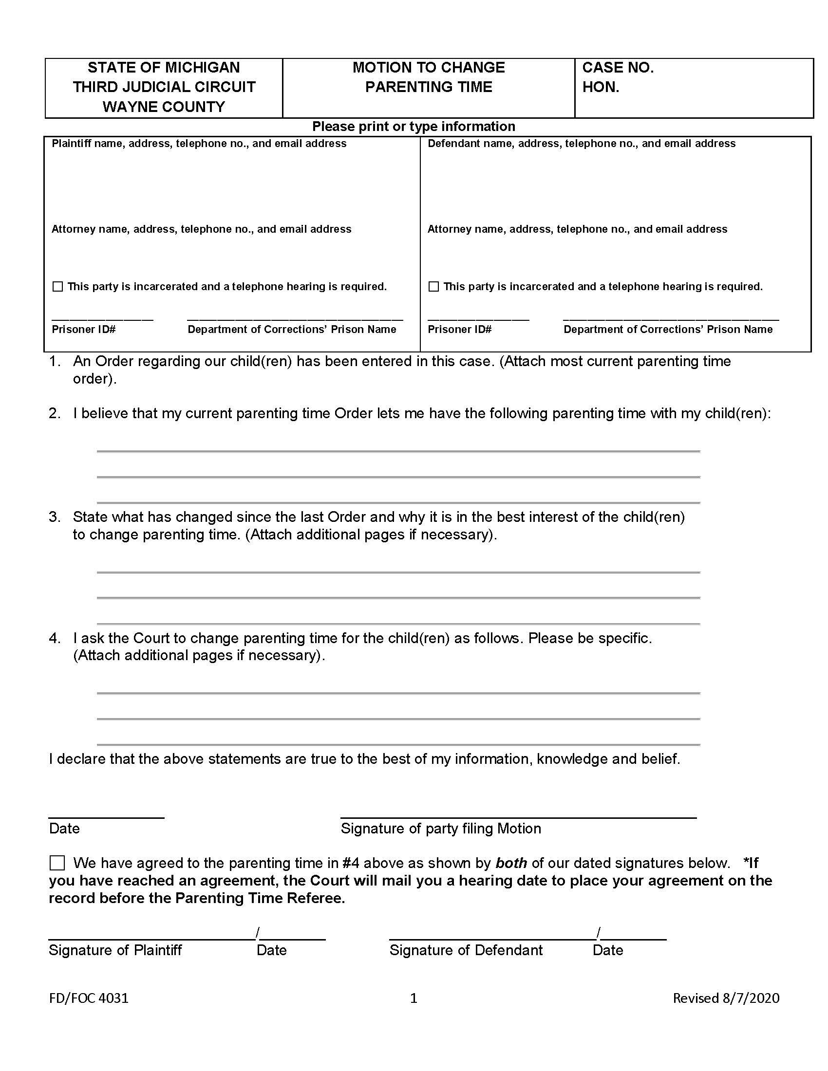Motion To Change Parenting Time {FD-FOC 4031} | Pdf Fpdf Docx | Michigan