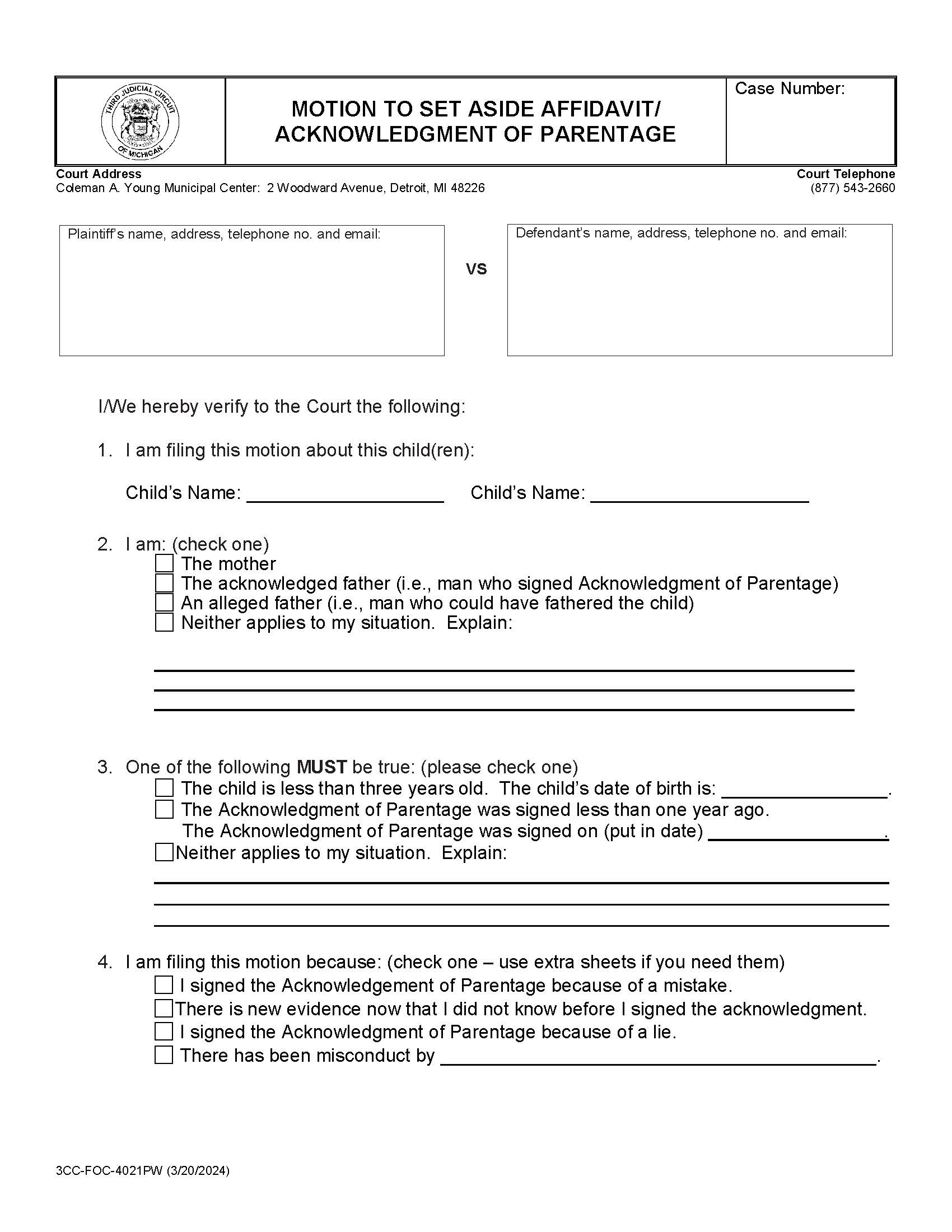 Motion To Set Aside Affidavit Or Acknowledgment Of Parentage Package {FD-FOC 4021} | Pdf Fpdf Docx | Michigan