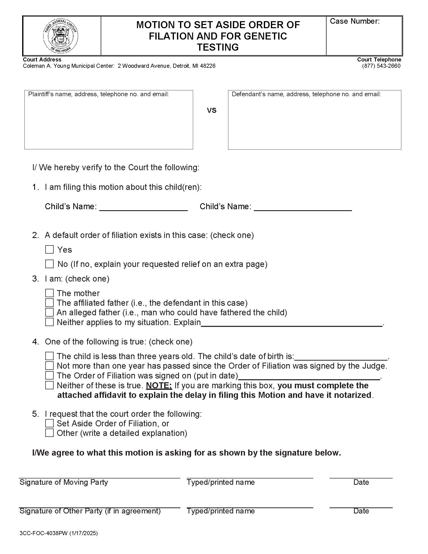 Motion To Set Aside Order Of Filiation And For Genetic Testing {FD-FOC 4038} | Pdf Fpdf Docx | Michigan