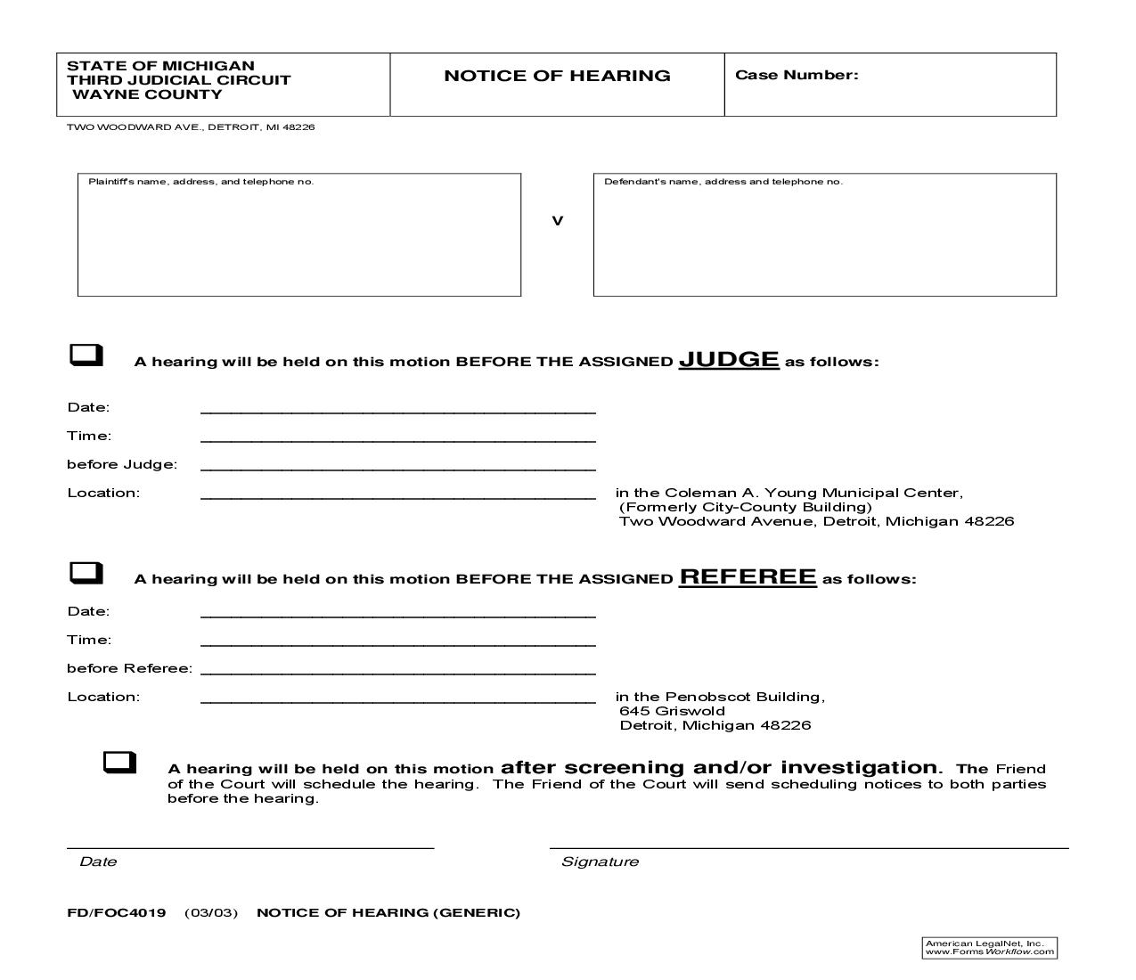 Notice Of Hearing (Generic) {FD-FOC 4019} | Pdf Fpdf Doc Docx | Michigan