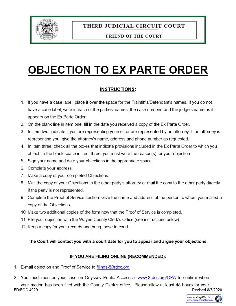 Objections To Ex Parte Order {FD-FOC 4029} | Pdf Fpdf Docx | Michigan
