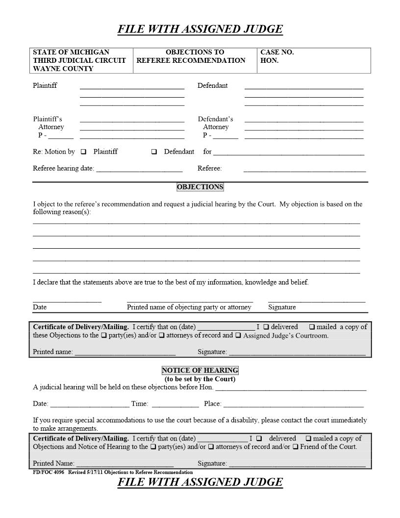 Objections To Referee Recommendation {FD-FOC 4096} | Pdf Fpdf Doc Docx | Michigan