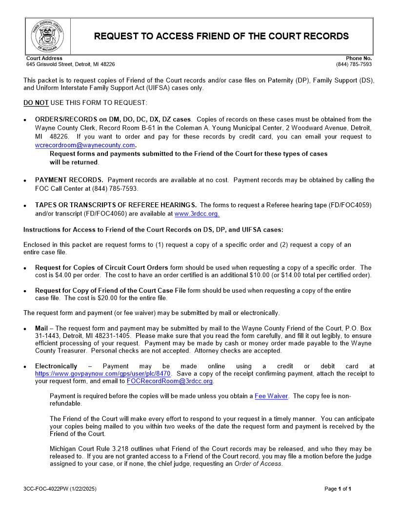 Request Access To FOC Records {FD-FOC 4022} | Pdf Fpdf Doc Docx | Michigan
