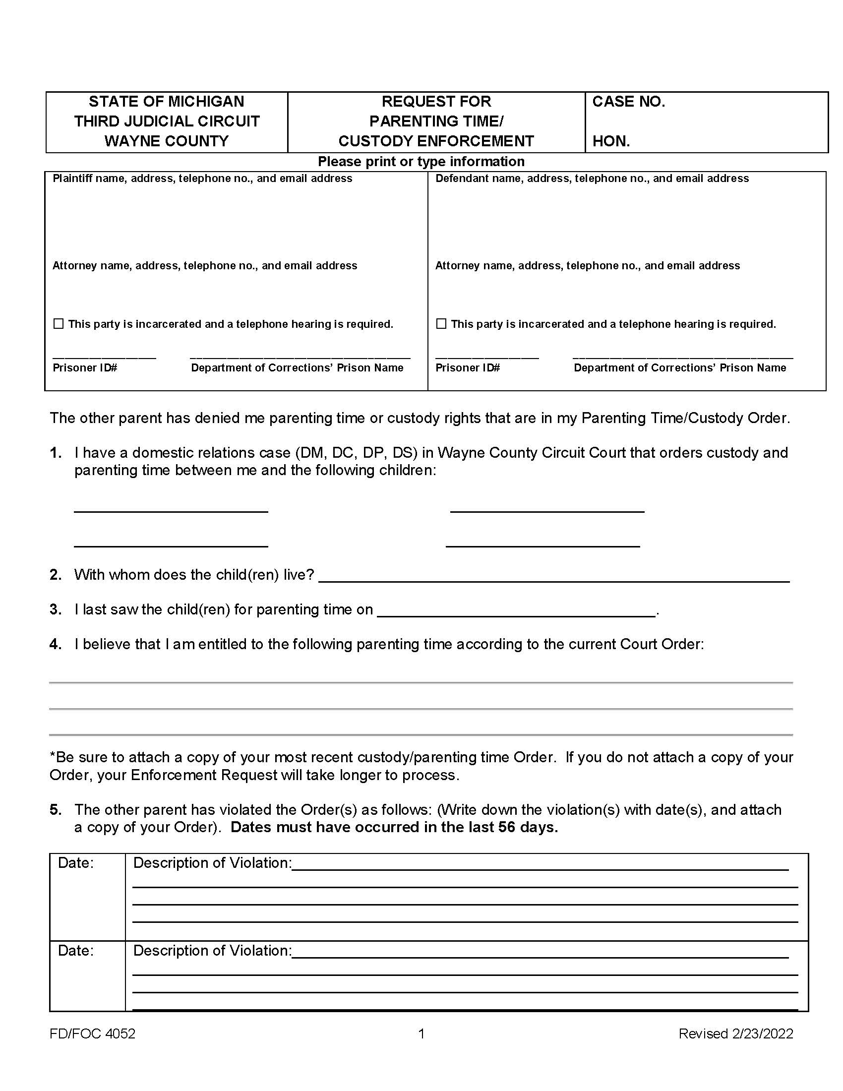 Request For Custody And Parenting Time Order Enforcement Package {FD-FOC 4052} | Pdf Fpdf Doc Docx | Michigan