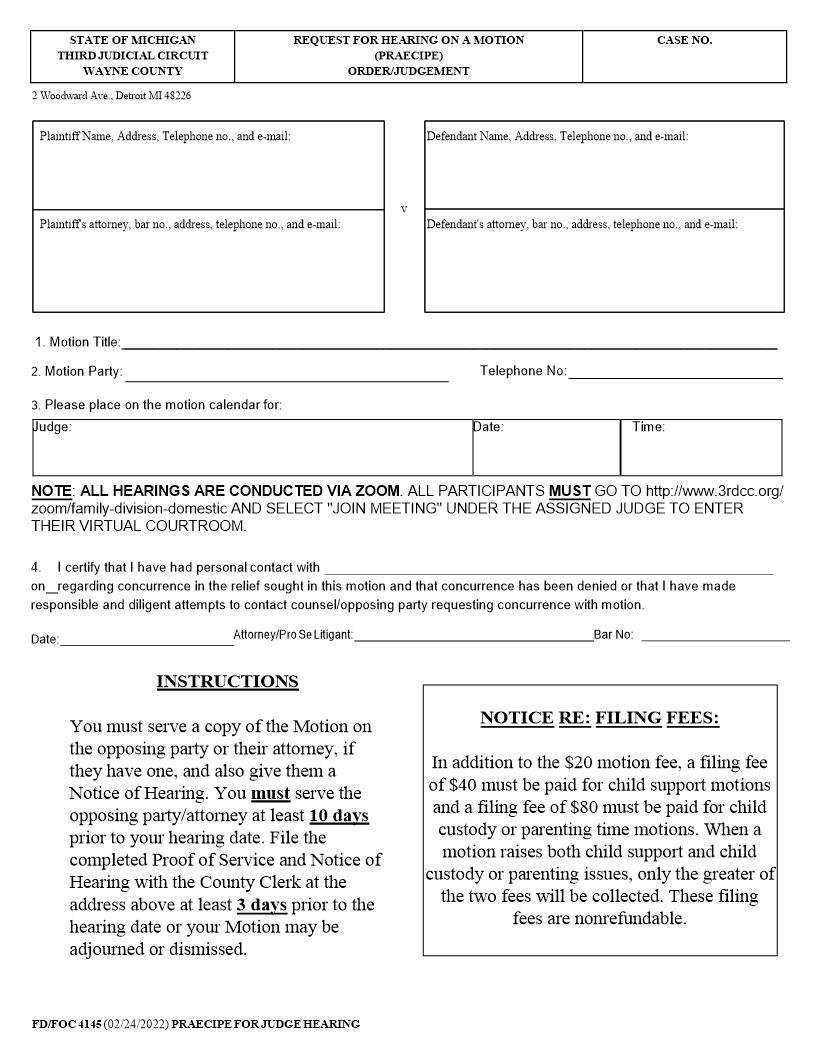 Request For Hearing On A Motion (Praecipe) {FD-FOC 4145}  | Pdf Fpdf Docx | Michigan
