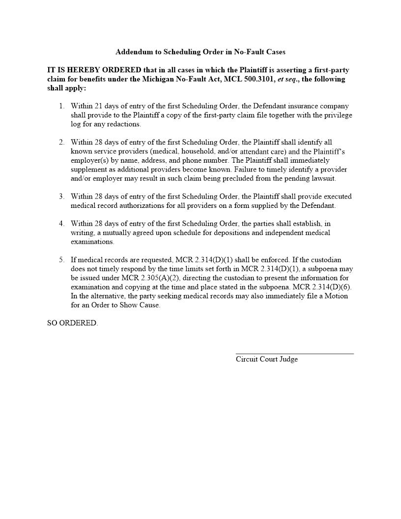 Addendum To Scheduling Order In No-Fault Cases | Pdf Fpdf Docx | Michigan