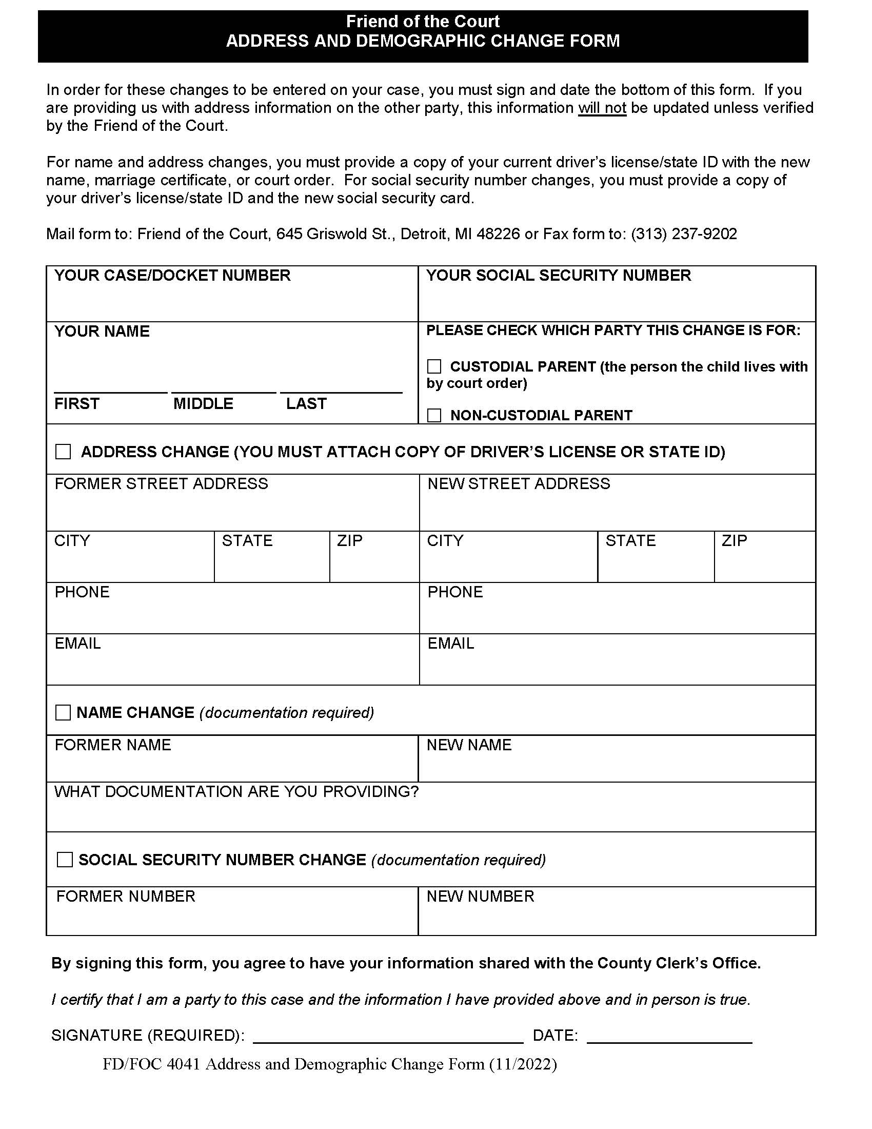 Address And Demographic Change Form - Friend Of Court {FD-FOC 4041} | Pdf Fpdf Doc Docx | Michigan