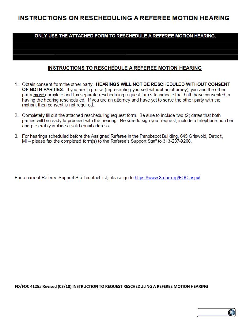 Request To Reschedule A Referee Motion Hearing {FD-FOC 4125} | Pdf Fpdf Docx | Michigan