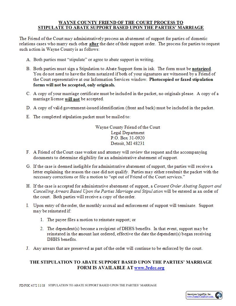Stipulation To Abate Support Based Upon Parties Marriage With Instructions {FD-FOC 4572} | Pdf Fpdf Docx | Michigan