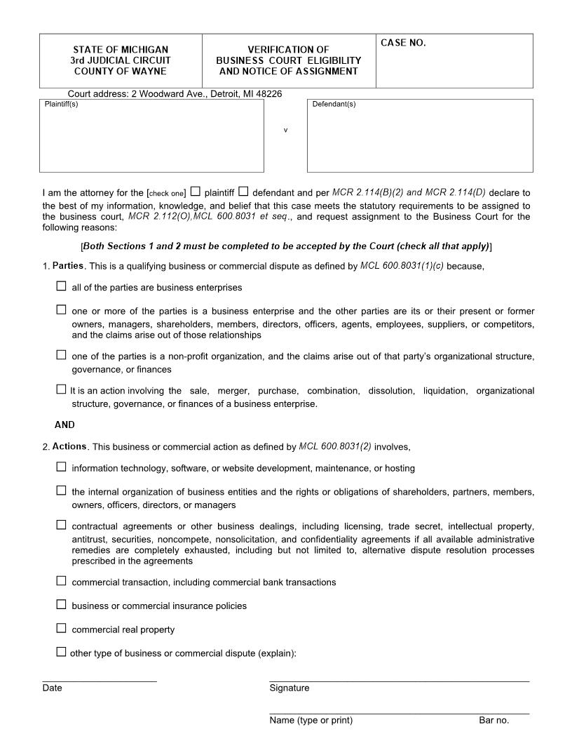 Verification Of Business Court Eligibility And Notice Of Assignment | Pdf Fpdf Docx | Michigan