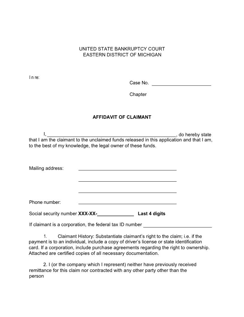 Affidavit Of Claimant | Pdf Fpdf Doc Docx | Michigan