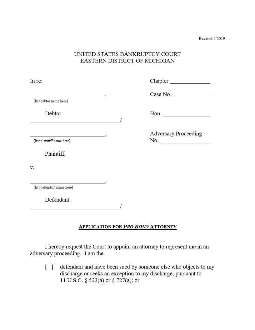 Application For Pro Bono Attorney | Pdf Fpdf Docx | Michigan