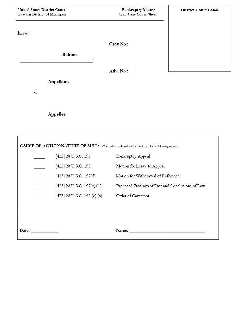 Bankruptcy Matter Civil Case Cover Sheet | Pdf Fpdf Docx | Michigan