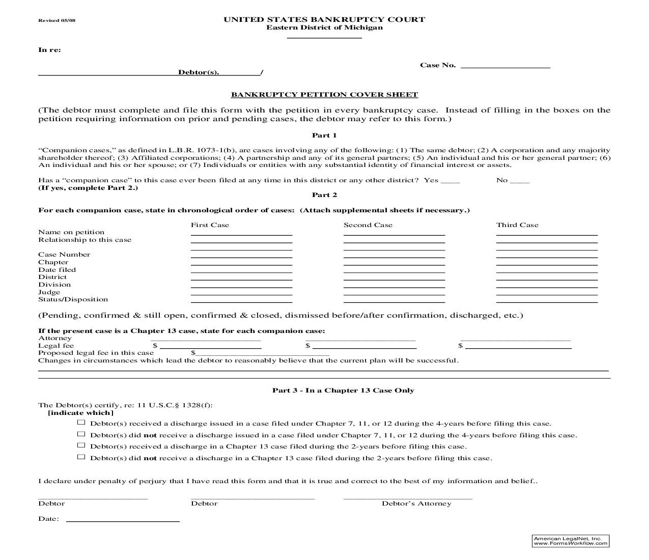 Bankruptcy Petition Cover Sheet | Pdf Fpdf Doc Docx | Michigan