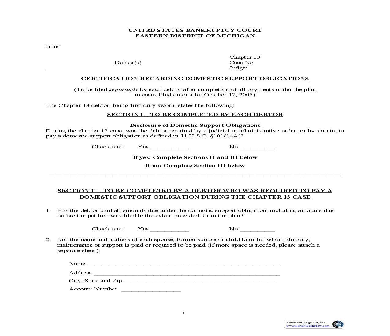 Certificate Regarding Domestic Support Obligations | Pdf Fpdf Doc Docx | Michigan
