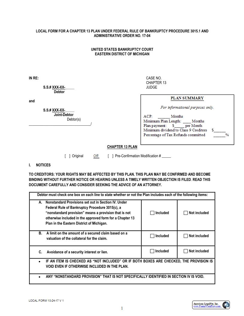 Chapter 13 Plan | Pdf Fpdf Docx | Michigan