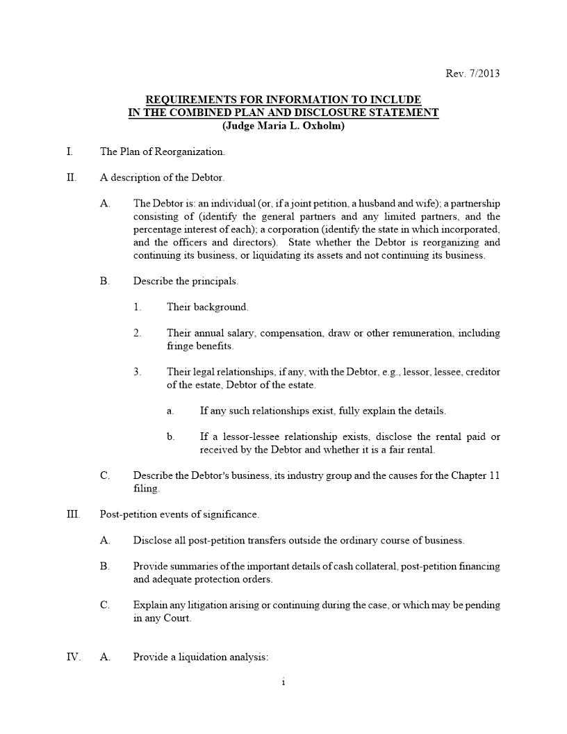 Combined Plan and Disclosure Statement (Judge Oxholm) | Pdf Fpdf Docx | Michigan