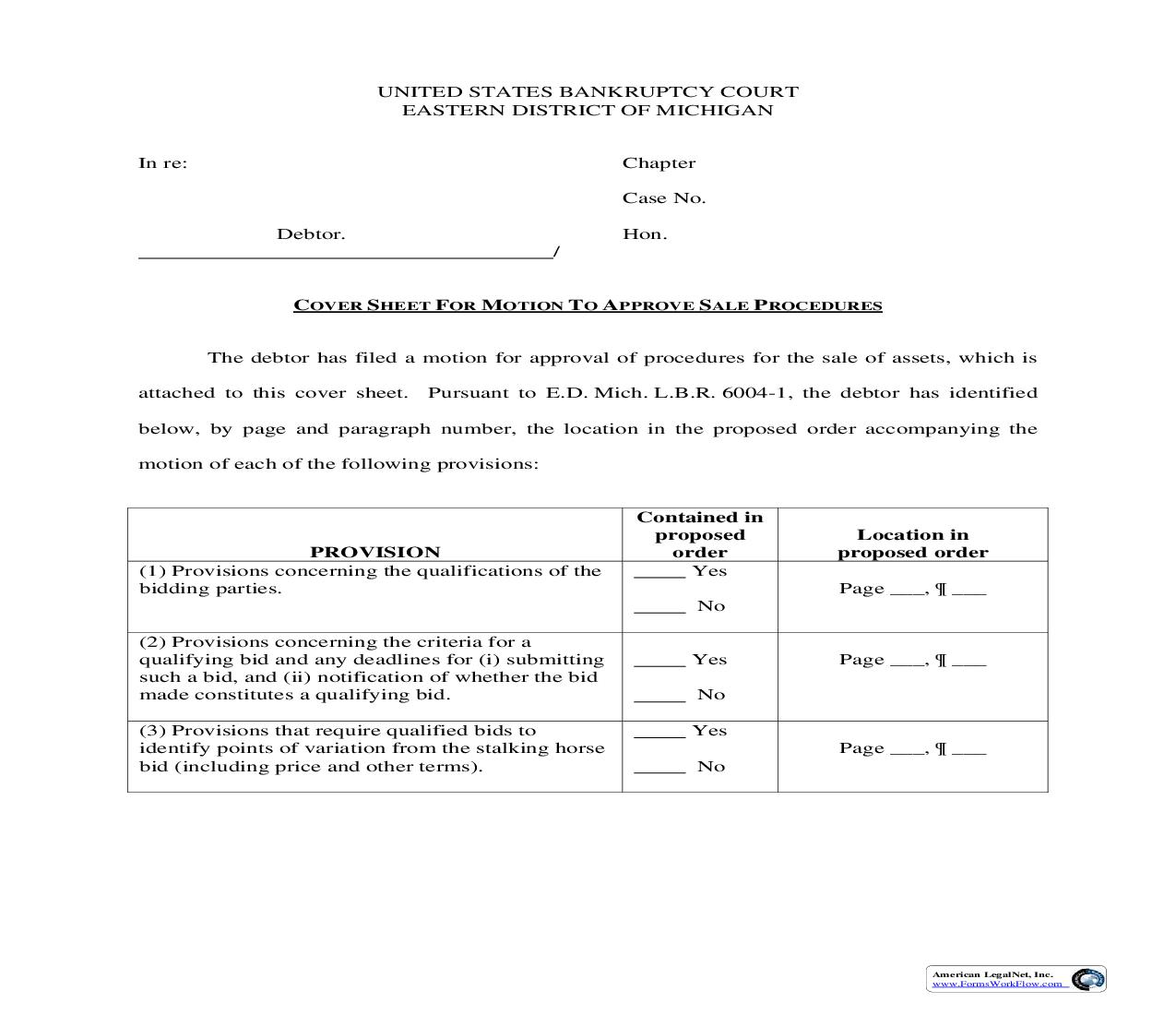 Cover Sheet For Motion To Approve Sale Procedures | Pdf Fpdf Doc Docx | Michigan