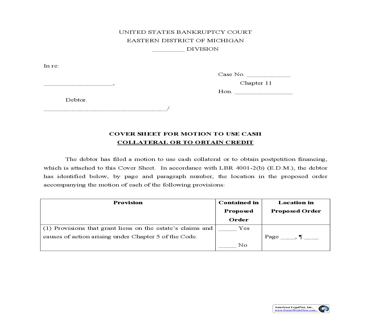 Cover Sheet For Motion To Use Cash | Pdf Fpdf Doc Docx | Michigan