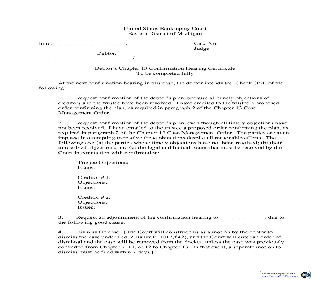 Debtors Chapter 13 Confirmation Hearing Certificate | Pdf Fpdf Doc Docx | Michigan