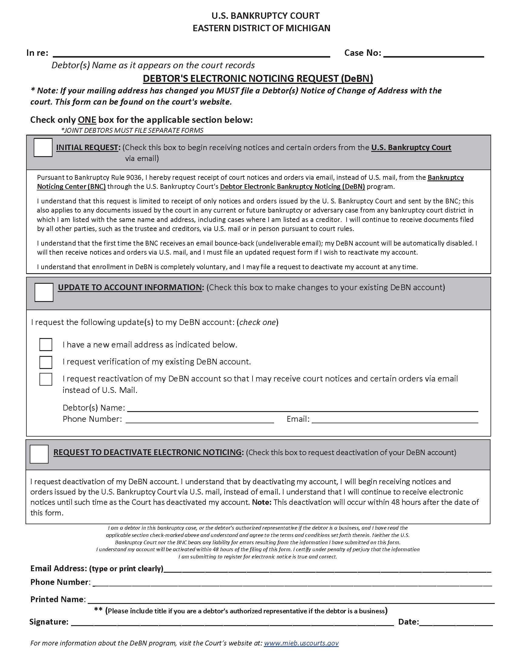 Debtors Electronic Noticing Request (DeBN) | Pdf Fpdf Docx | Michigan