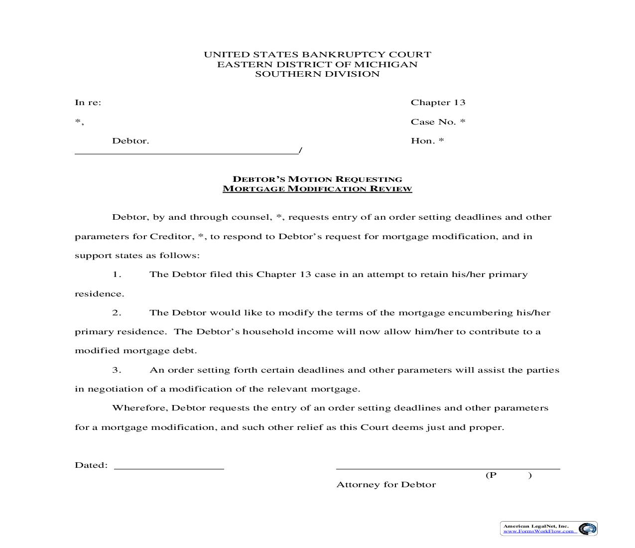 Debtors Motion Requesting Mortgage Modification Review | Pdf Fpdf Doc Docx | Michigan