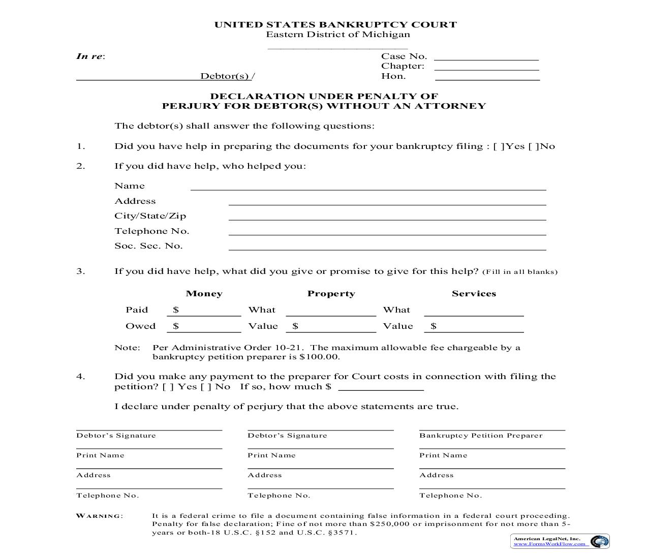 Declaration Under Penalty of Perjury for Debtor(s) Without an Attorney | Pdf Fpdf Doc Docx | Michigan