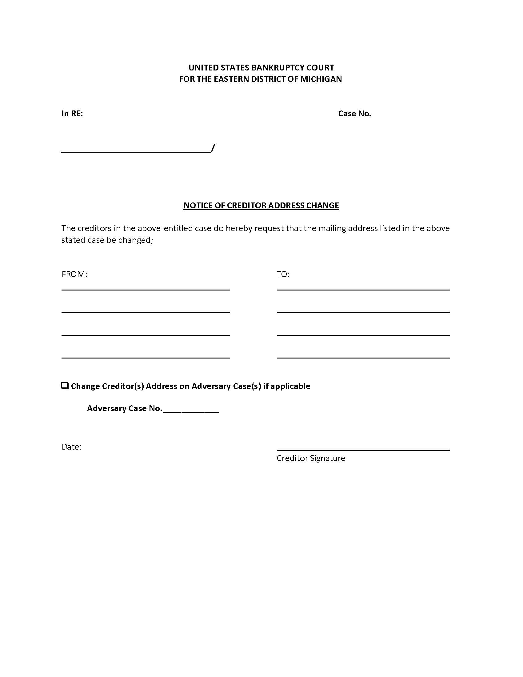 Notice Of Creditor Address Change | Pdf Fpdf Doc Docx | Michigan