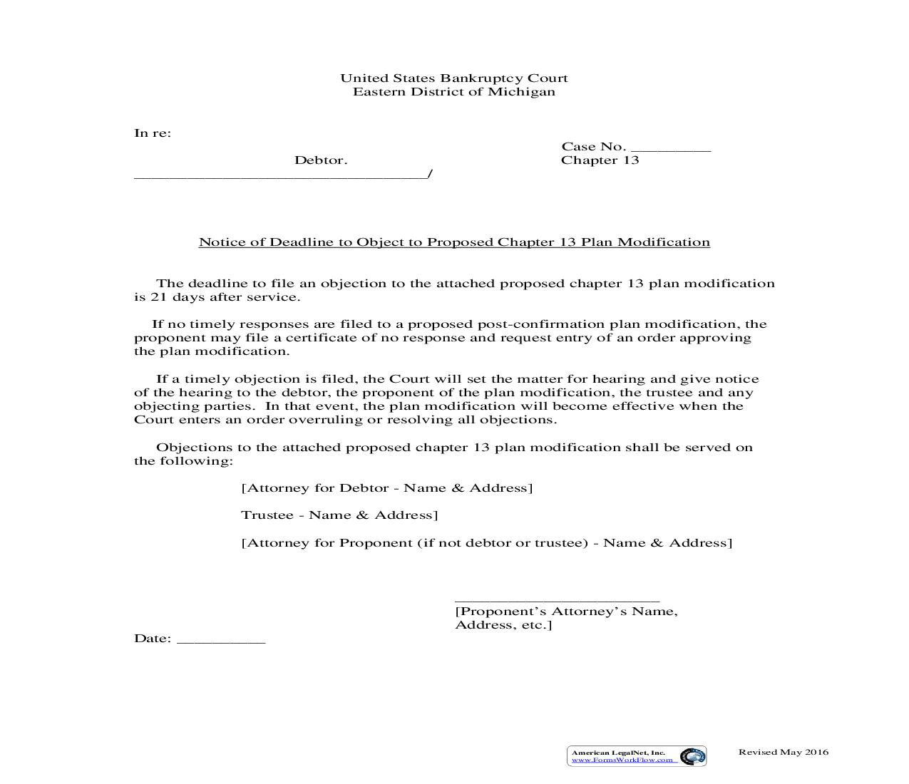 Notice Of Deadline To Object To Proposed Chapter 13 Plan Modification | Pdf Fpdf Doc Docx | Michigan