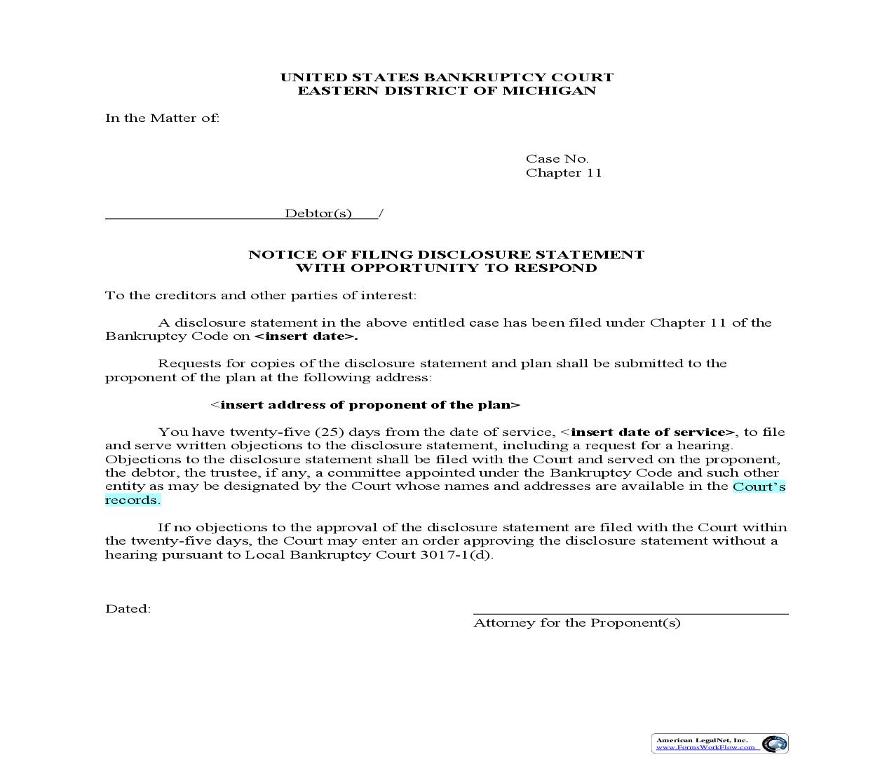 Notice Of Filing Disclosure Statement With Opportunity To Respond | Pdf Fpdf Doc Docx | Michigan