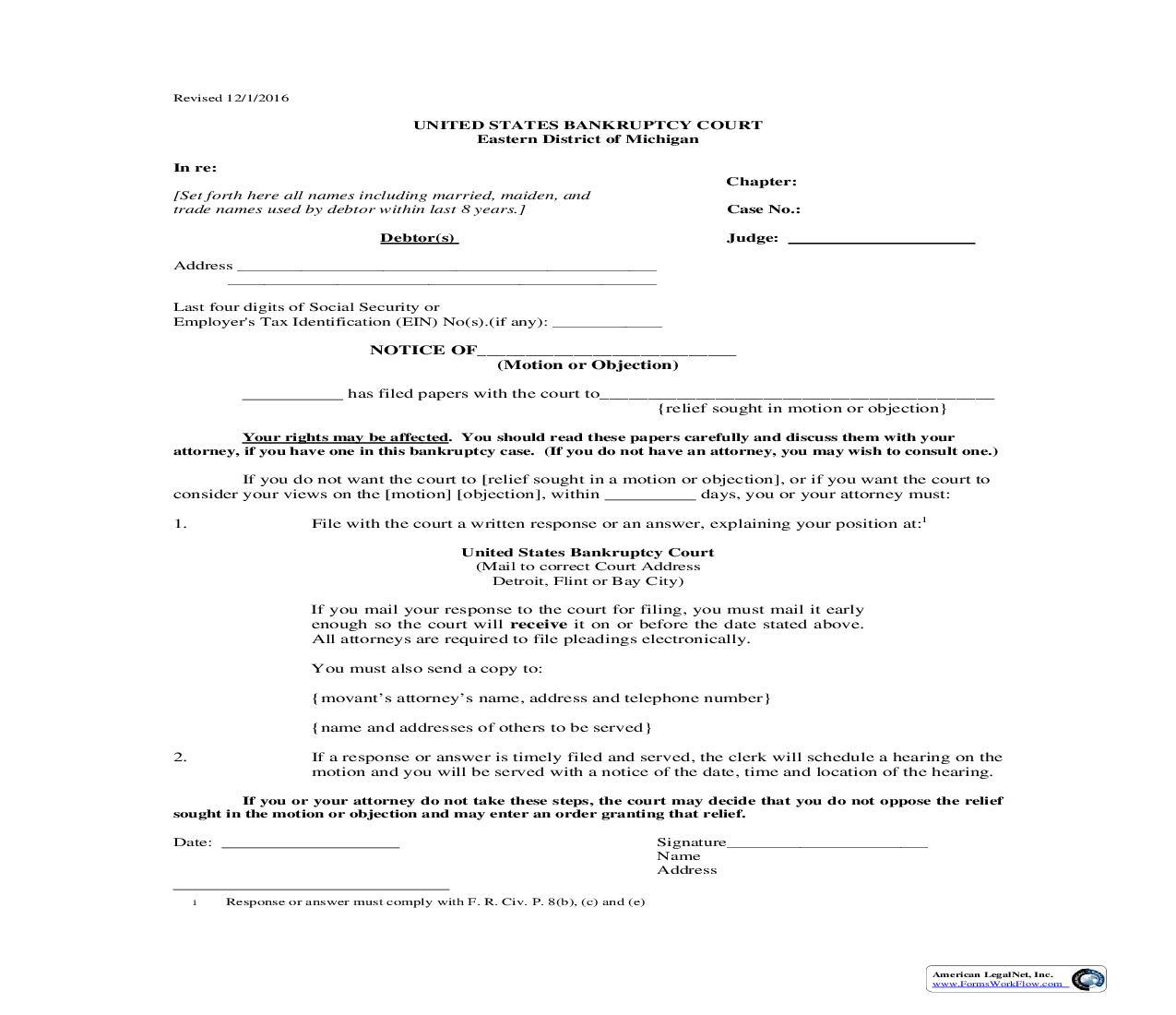 Notice of Motion or Objection (Form 20A) | Pdf Fpdf Doc Docx | Michigan