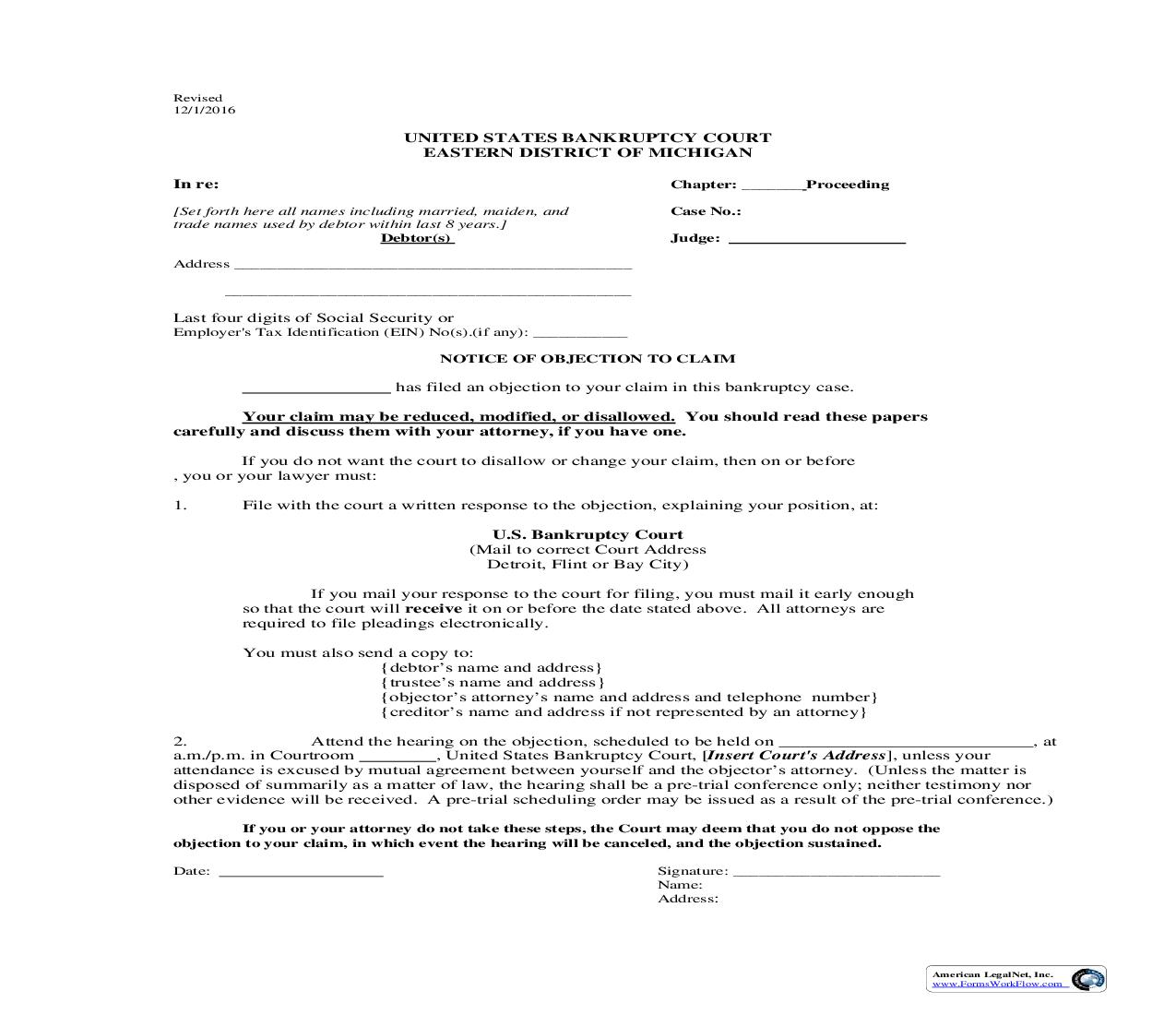 Notice of Objection to Claim (revised Official Form 20B) | Pdf Fpdf Doc Docx | Michigan
