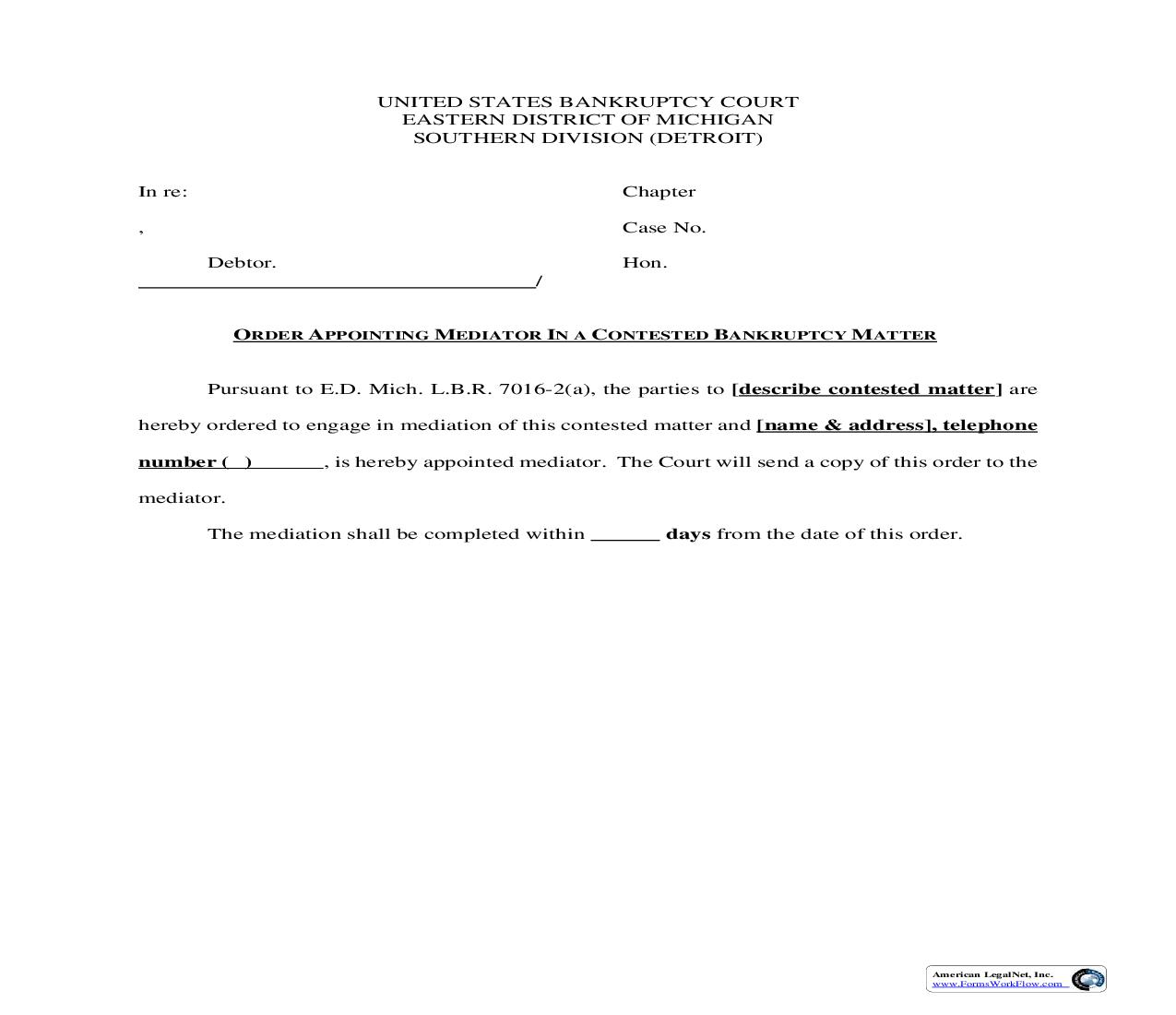 Order Appointing Mediator In A Contested Bankruptcy Matter | Pdf Fpdf Doc Docx | Michigan
