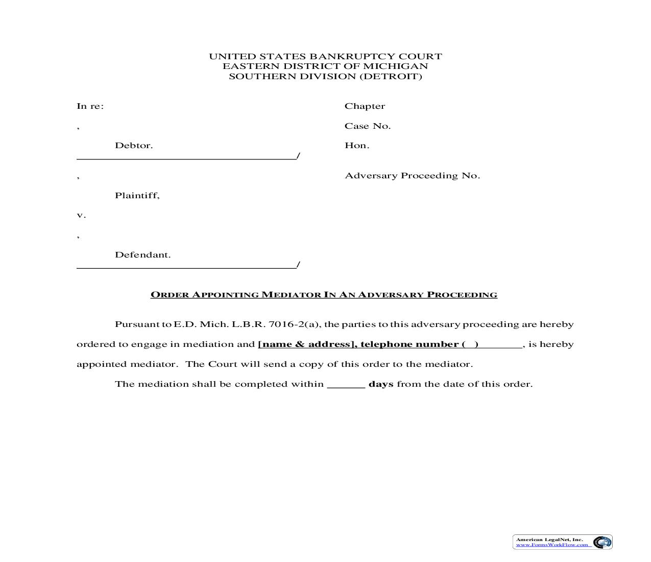 Order Appointing Mediator In An Adversary Proceeding | Pdf Fpdf Doc Docx | Michigan