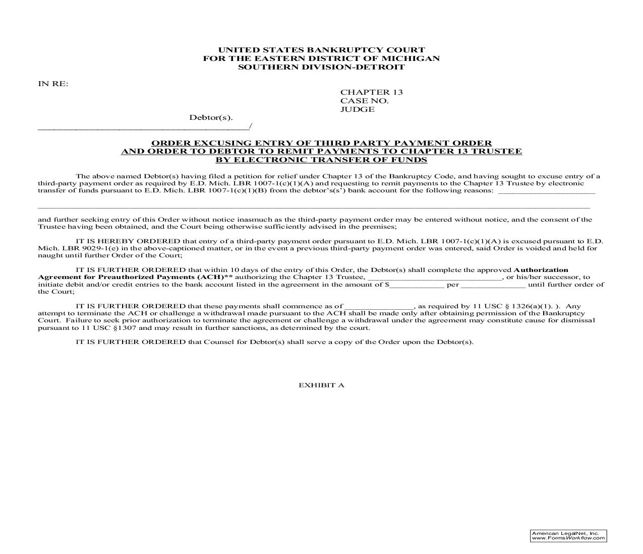 Order Excusing Entry Of Thrid Party Payment Order And Order To Debtor To Remit Payments | Pdf Fpdf Doc Docx | Michigan