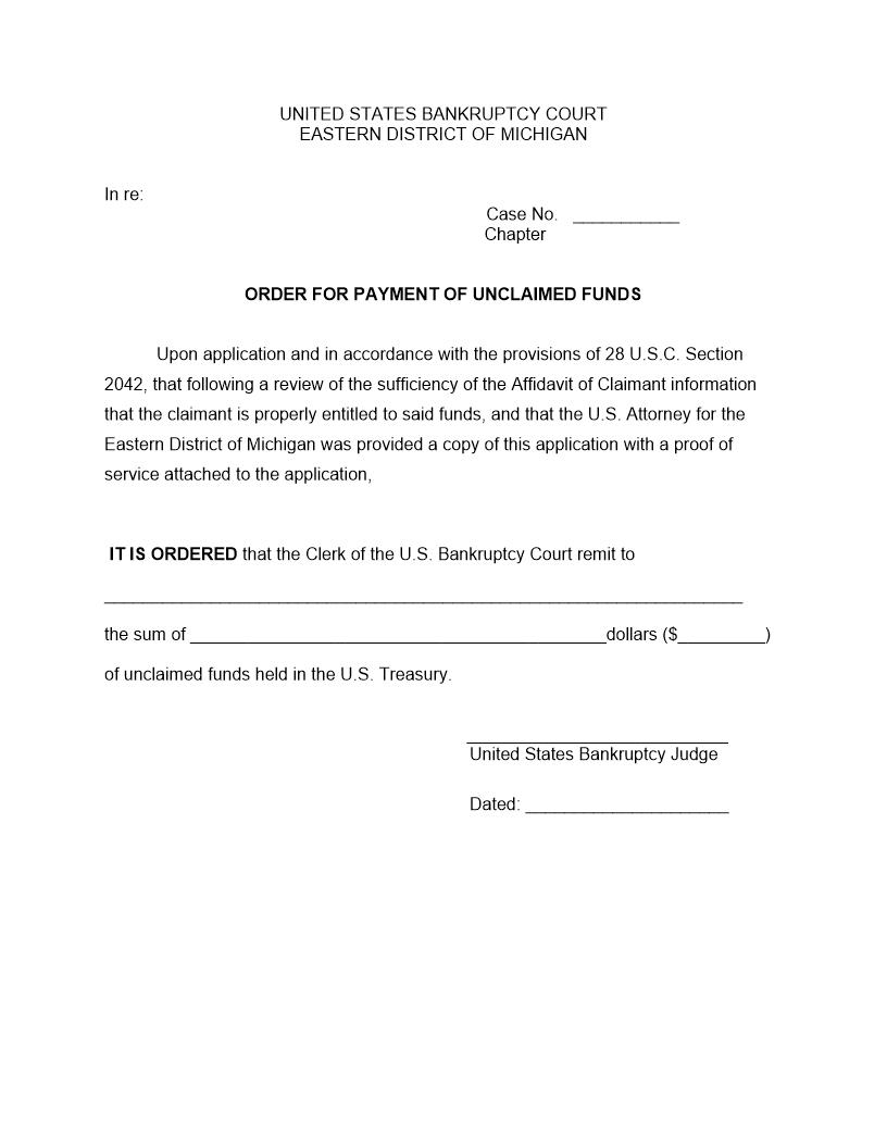 Order For Payment Of Unclaimed Funds | Pdf Fpdf Doc Docx | Michigan