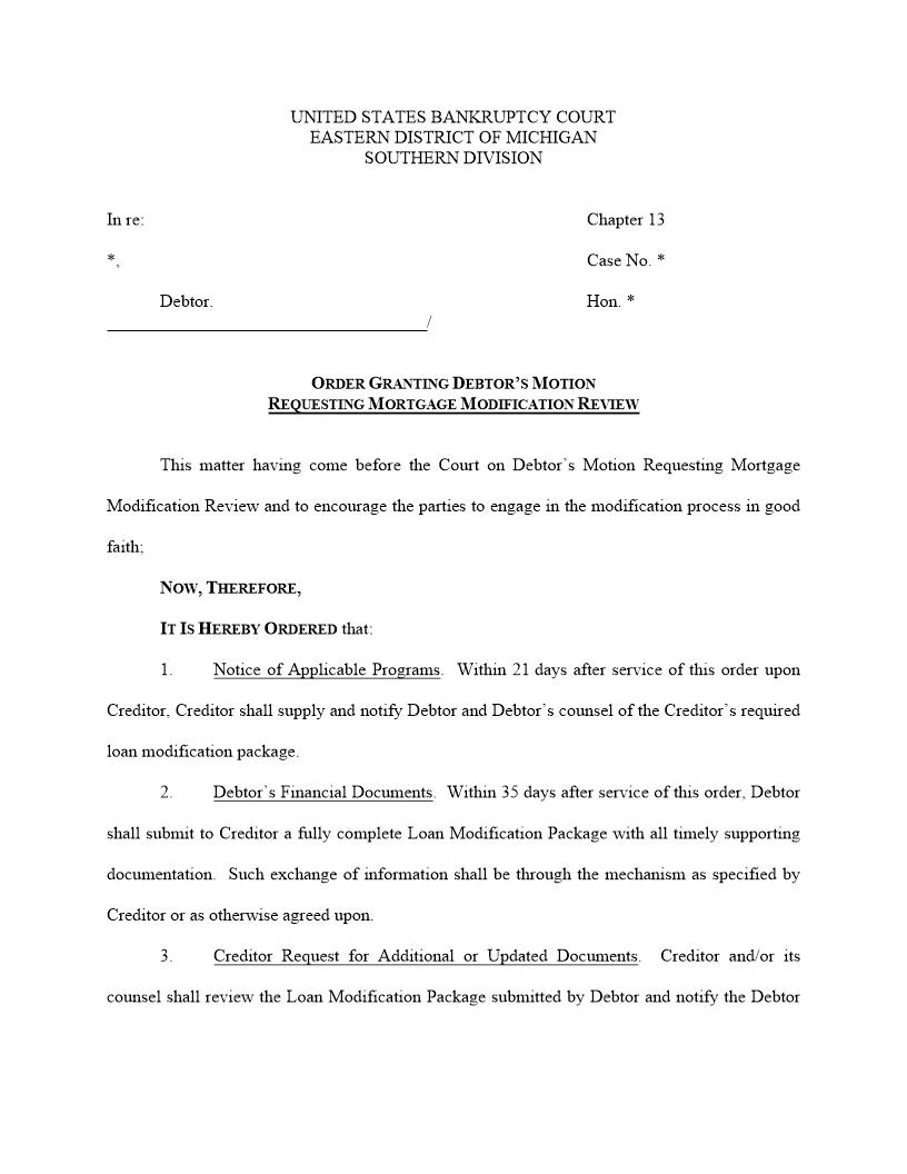 Order Granting Debtors Motion Requesting Mortgage Modification Review | Pdf Fpdf Docx | Michigan
