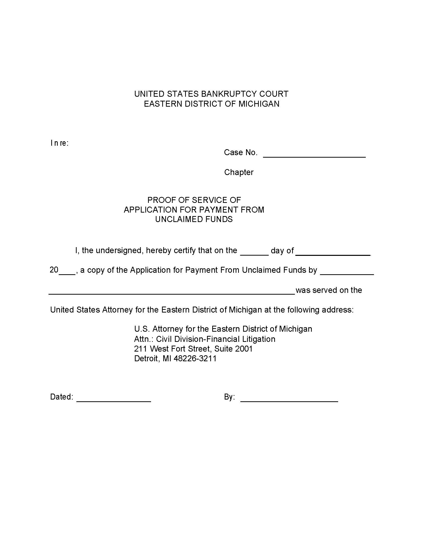 Proof Of Service Of Application For Payment From Unclaimed Funds (Detroit) | Pdf Fpdf Doc Docx | Michigan