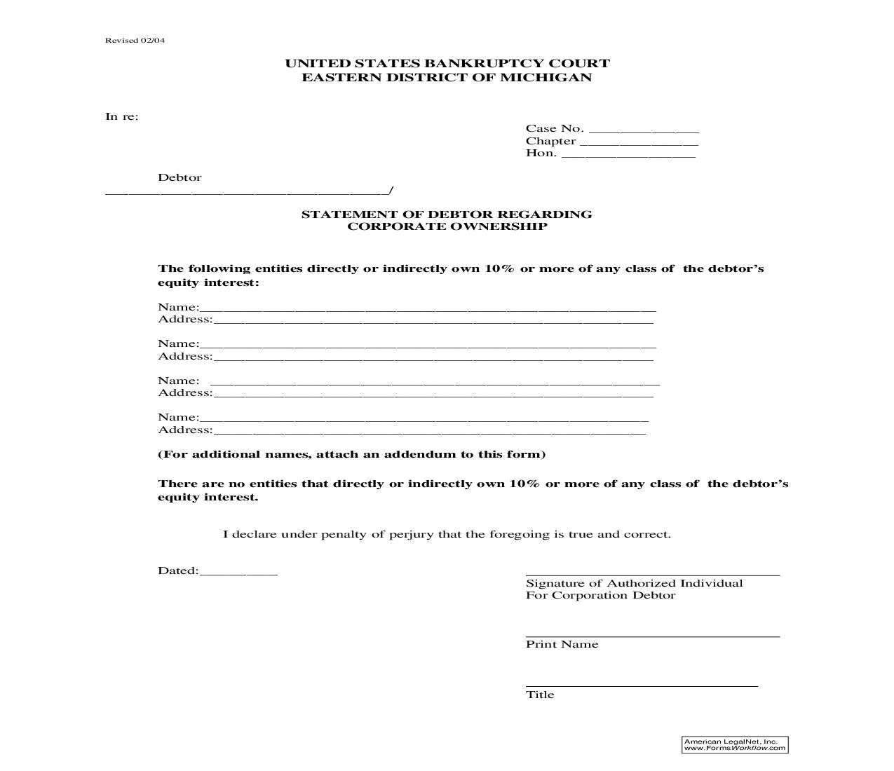Statement Of Debtor Regarding Corporate Ownership | Pdf Fpdf Doc Docx | Michigan