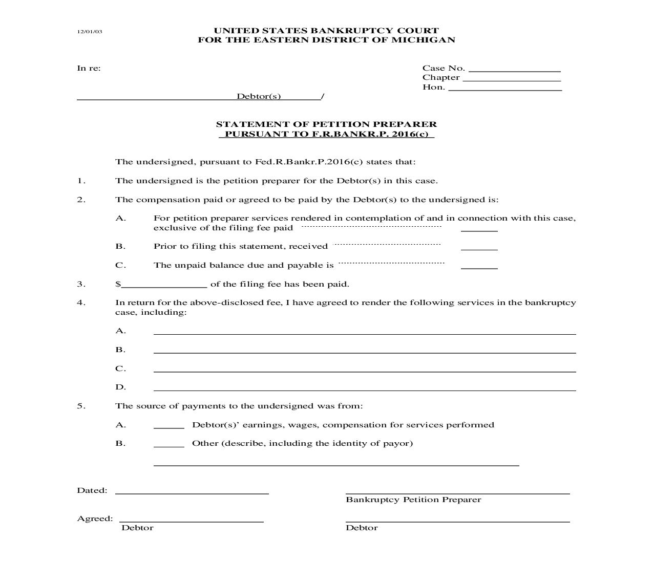 Statement Of Petition Preparer Pursuant to FRBP 2016(c) | Pdf Fpdf Doc Docx | Michigan