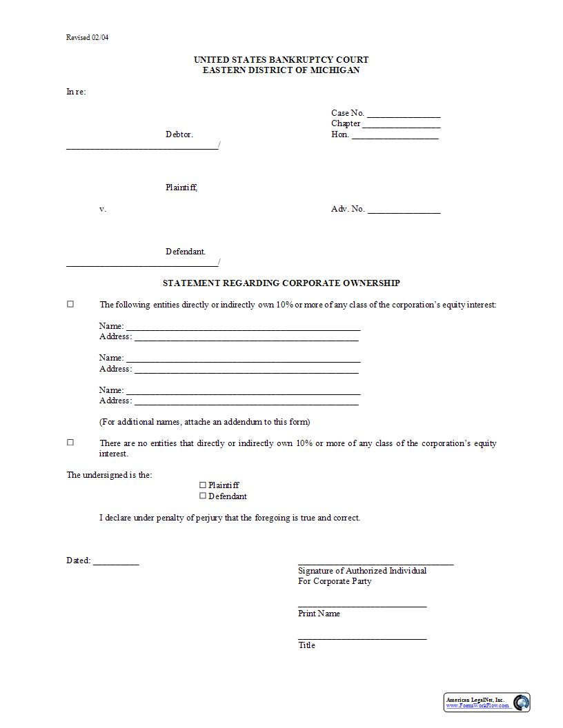 Statement Regarding Corporate Ownership (Adversary Proceedings) | Pdf Fpdf Docx | Michigan