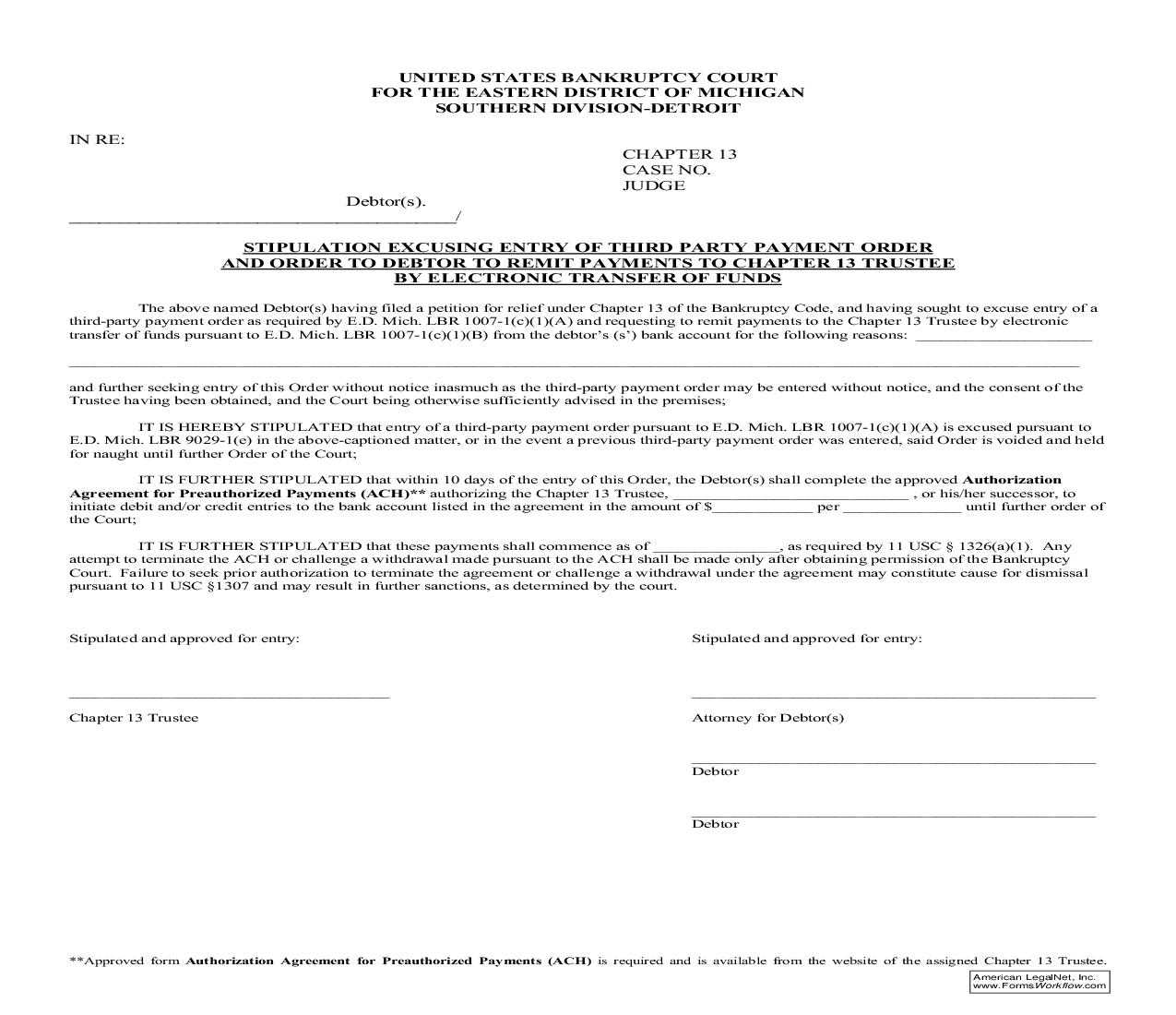 Stipulation Excusing Entry Of Third Party Payment Order And Order To Debtor To Remit Payment | Pdf Fpdf Doc Docx | Michigan