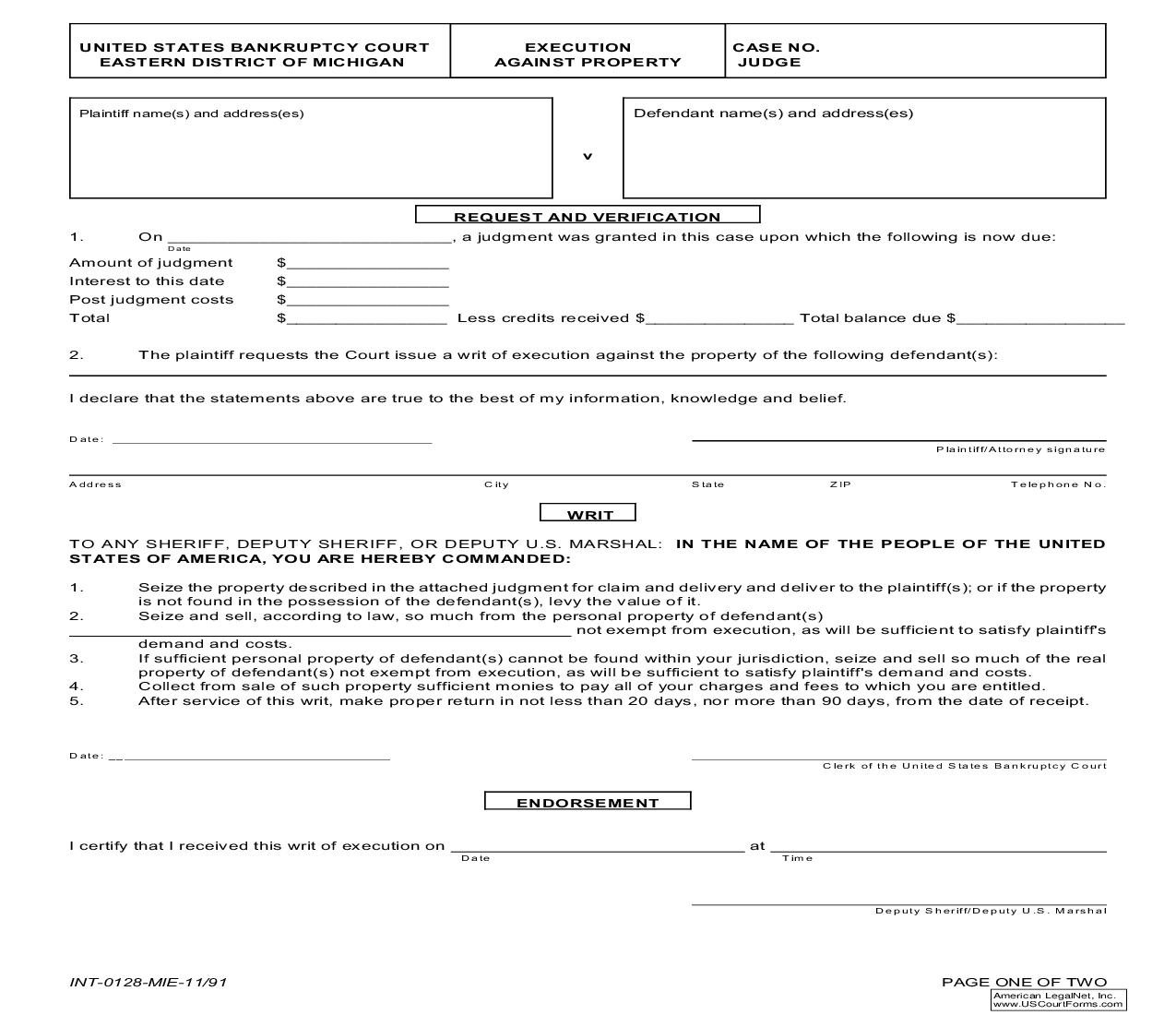 Writ of Execution Against Property Form | Pdf Fpdf Doc Docx | Michigan