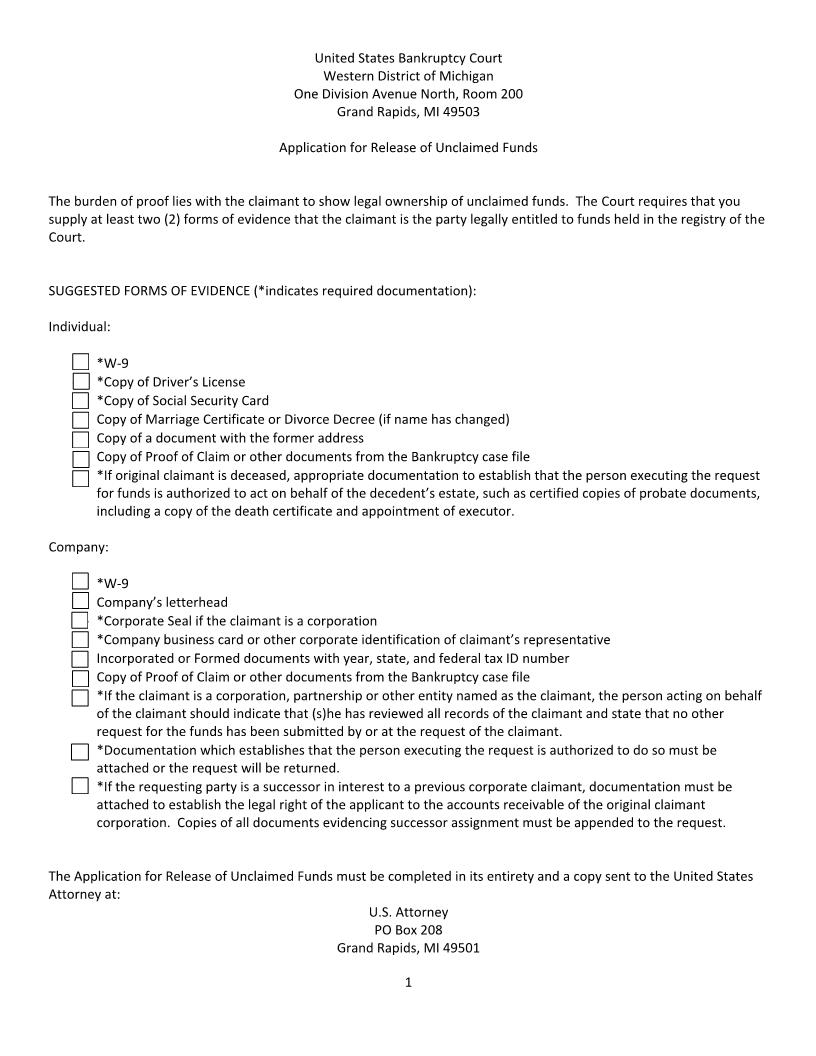 Application For Release Of Unclaimed Funds (Claimant) | Pdf Fpdf Doc Docx | Michigan