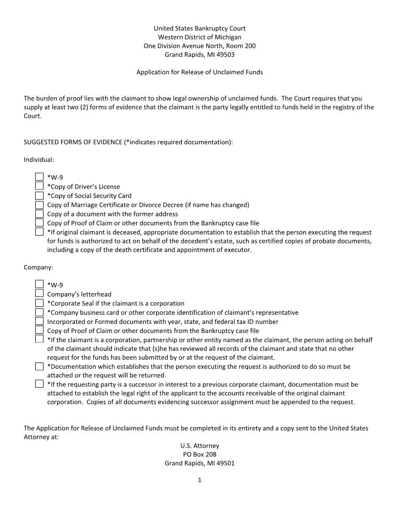 Application For Release Of Unclaimed Funds (Funds Locator) | Pdf Fpdf Doc Docx | Michigan