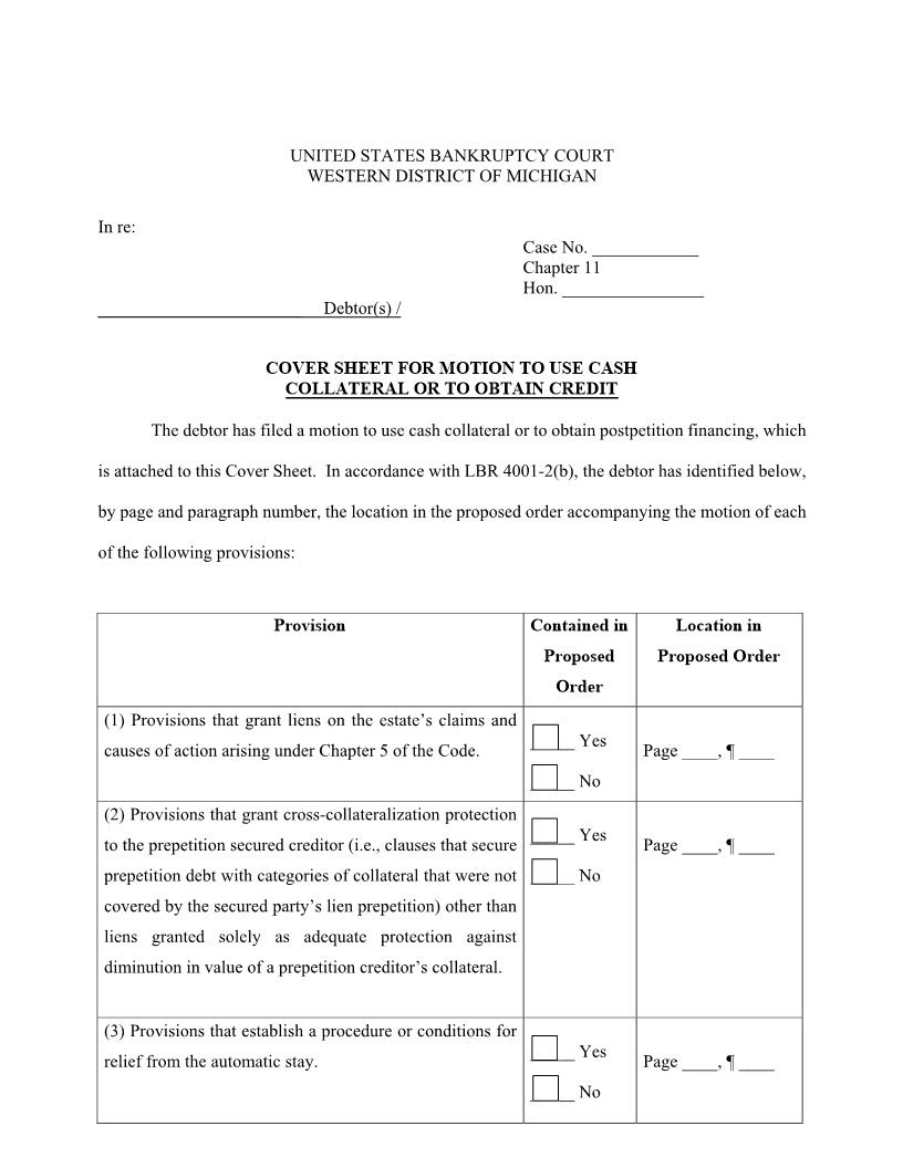 Cover Sheet For Motion To Use Cash Collateral Or To Obtain Credit | Pdf Fpdf Docx | Michigan