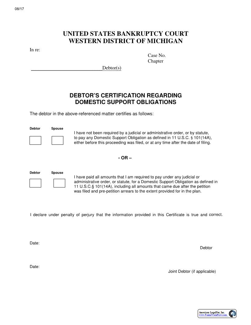 Debtors Certification Regarding Domestic Support Obligations | Pdf Fpdf Docx | Michigan