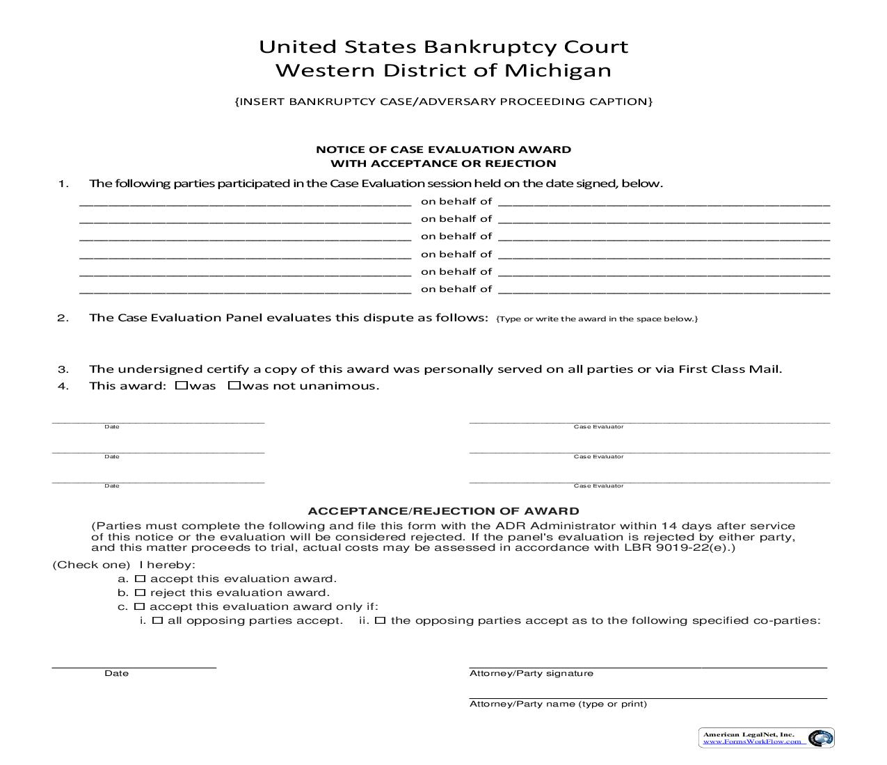 Notice Of Case Evaluation Award With Acceptance Or Rejection | Pdf Fpdf Doc Docx | Michigan