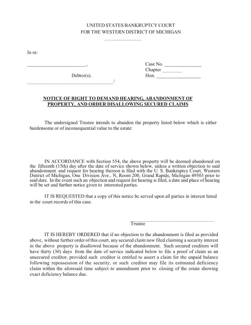 Notice Of Right To Demand Hearing, Abandonment Of Property And Order Disallowing Secured Claims | Pdf Fpdf Doc Docx | Michigan